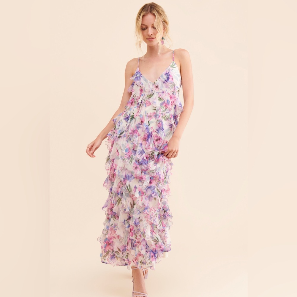 Let Me Be Anthropologie Jia Floral Ruffle Maxi Dress Size 4